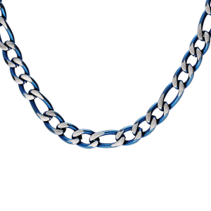 COLLIER ACIER 1+3 5MM PVD BROSSÉ ASPECT PATINÉ CHANFREIN BLEU  50CM