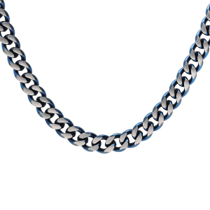 COLLIER ACIER MAILLE GOURMETTE 5MM PVD BROSSÉ ASPET PATINÉ CHANFRIN BLEU 55CM