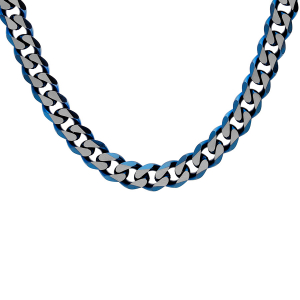 COLLIER ACIER MAILLE GOURMETTE 6MM PVD BROSSÉ ASPET PATINÉ CHANFREIN BLEU 55CM