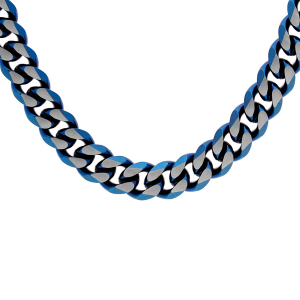 COLLIER ACIER MAILLE GOURNETTE 8MM PVD BROSSÉ ASPECT PATINÉ CHANFREIN BLEU 55CM