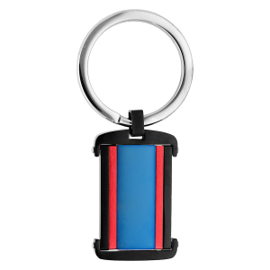 PORTE CLEF ACIER RECTANGULAIRE PVD NOIR ET BLEU AVEC BANDE ROUGE ALUMINIUM