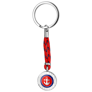 PORTE CLEF ACIER CORDE ROUGE ET ROND MOTIF ANCRE MARINE EMAILLÉE