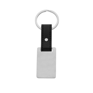 PORTE CLEF ACIER ET CUIR BOVIN NOIR PLAQUE RECTANGULAIRE A GRAVER