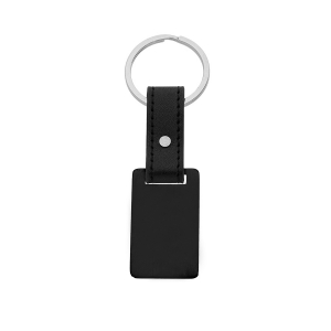 PORTE CLEF ACIER ET CUIR BOVIN NOIR PLAQUE RECTANGULAIRE PVD NOIR A GRAVER