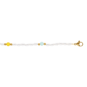 CHAINE CHEVILLE ACIER DORÉ PERLES BLANCHES IMITATION ET BOULES COULEURS  23.5+3.5CM