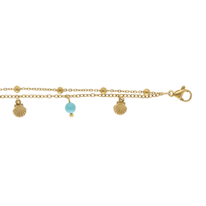 CHAINE CHEVILLE ACIER DORÉ 2 RANGS PAMPILLE COQUILLAGES ET BOULES TURQUOISE 23.5+3.5CM