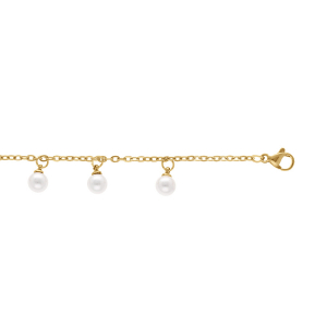 CHAINE CHEVILLE ACIER DORÉ PAMPILLES PERLES BLANCHES IMITATION  20+6CM