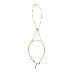 PARURE DE MAIN ACIER DORÉ DOUBLE 1 RAIL OXYDES BLANCS SERTI ET FLEUR OXYDES BLANCS 22.5+3CM