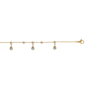 CHAINE CHEVILLE ACIER DORÉ PAMPILLES GOUTTES OXYDES BLANCS SERTIS CLOS 22+3CM