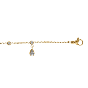 CHAINE CHEVILLE ACIER DORÉ PAMPILLES GOUTTES OXYDES BLANCS SERTIS CLOS 22+3CM