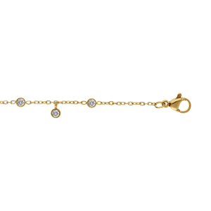 CHAINE CHEVILLE ACIER DORÉ PAMPILLES OXYDES BLANCS SERTIS CLOS 22+3CM