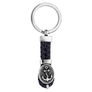 PORTE CLEF ACIER ET CUIR BOVIN TRESSE NOIR ANCRE MARINE