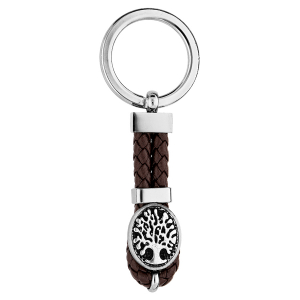 PORTE CLEF ACIER ET CUIR BOVIN TRESSE MARRON ARBRE DE VIE
