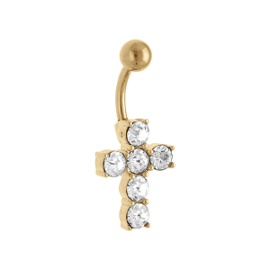 PIERCING ACIER DORÉ NOMBRIL CROIX OXYDES BLANCS