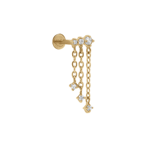 PIERCING ACIER DORÉ OREILLE PENDANT 3 RANGS HELIX, TRAGUS OXYDES BLANCS