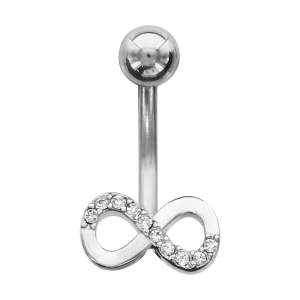 PIERCING DE NOMBRIL ACIER 316L MOTIF INFINI OXYDES DE ZIRCONIUM SERTIS SUR LA MOITIE (BOULE EN HAUT)