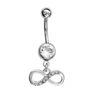 PIERCING DE NOMBRIL ACIER 316L PENDANT MOTIF INFINI AVEC OXYDES DE ZIRCONIUM SERTIS  ET PIERRE BLANCHE SYNTHETIQUE