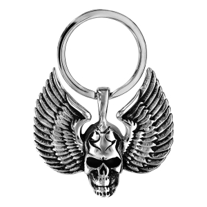 PORTE CLEF TETE DE MORT AVEC AILES ACIER PATINE