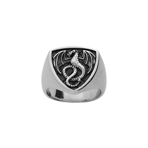 BAGUE ACIER FORME ECUSSON FOND PATINÉ DRAGON