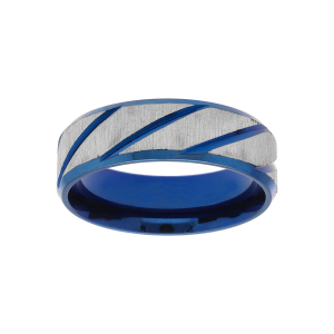 BAGUE ACIER ET PVD BLEU STRIÉE 6MM