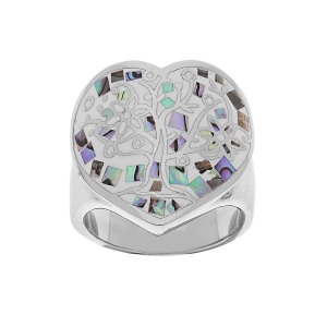 BAGUE ACIER STELLA MIA FORME COEUR BLEU ARBRE DE VIE AVEC NACRE