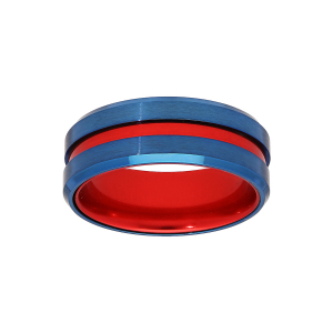 BAGUE ACIER ET ALUMINIUM BLEU FILET ROUGE ET INTERIEUR ROUGE