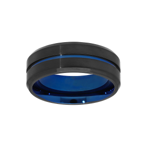 BAGUE ACIER ET PVD NOIR FILET ET INTERIEUR BLEU