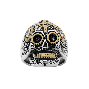 BAGUE ACIER TETE DE MORT MOTIF CROIX PVD DORÉ