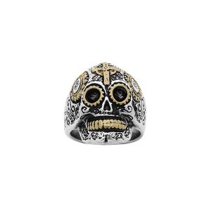 BAGUE ACIER TETE DE MORT MOTIF CROIX PVD DORÉ