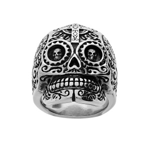 BAGUE ACIER TETE DE MORT MOTIF CROIX