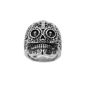 BAGUE ACIER GROSSE TETE DE MORT MOTIF CROIX