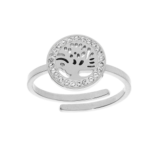 BAGUE ACIER ARBRE DE VIE CONTOUR OXYDES BLANCS SERTIS RÉGLABLE 50 à 58