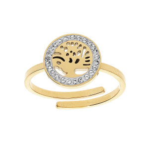 BAGUE ACIER ET PVD DORÉ ARBRE DE VIE CONTOUR OXYDES BLANCS SERTIS RÉGLABLE 50 à 58