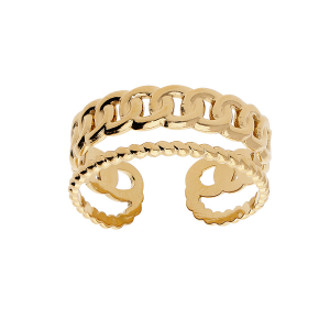 BAGUE ACIER ET PVD DORÉ 2 RANGS ANNEAU TORSADE ET MAILLONS ENTRELACÉS OUVERTE RÉGLABLE DU 52 AU 58