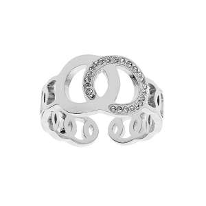 BAGUE ACIER OUVERTE 2 CERCLES ENTRELACÉS 1 LISSE ET 1 AVEC OXYDES BLANCS