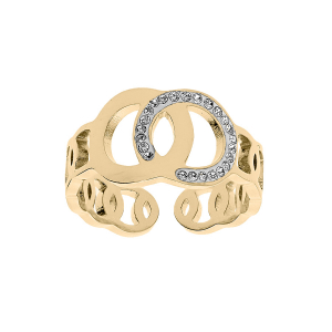 BAGUE ACIER ET PVD DORÉ OUVERTE 2 CERCLES ENTRELACÉS 1 LISSE ET 1 AVEC OXYDES BLANCS