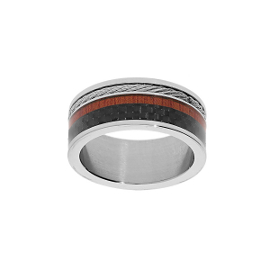 BAGUE ACIER ET CARBONE FILET IMITATION BOIS ET CABLE
