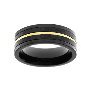 BAGUE ACIER AVEC CARBONE ET PVD NOIR ET FILET PVD DORÉ 8MM
