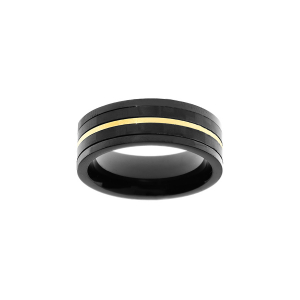 BAGUE ACIER AVEC CARBONE ET PVD NOIR ET FILET PVD DORÉ 8MM