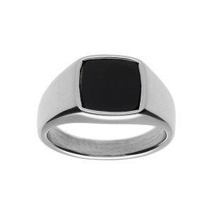 CHEVALIERE ACIER PLATEAU CARRÉ ONYX IMITATION  10 X 10MM