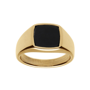 CHEVALIERE ACIER ET PVD DORÉ PLATEAU CARRÉ ONYX IMITATION  10 X 10MM