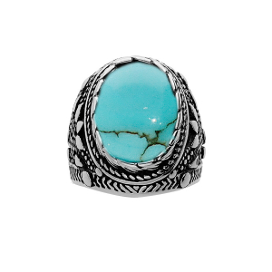 BAGUE ACIER PATINÉ GROS OXYDE OVALE TURQUOISE IMITATION