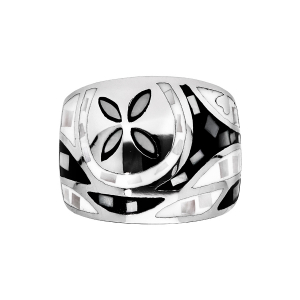 BAGUE ACIER STELLA MIA LARGE MOTIF FLEUR NOIR ET BLANC AVEC NACRE