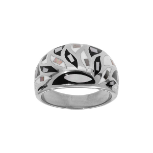 BAGUE ACIER STELLA MIA BOMBÉE RÉSINE ET NACRE BLANCHE ET NOIRE