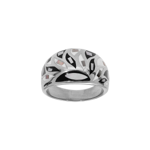 BAGUE ACIER STELLA MIA BOMBÉE RÉSINE ET NACRE BLANCHE ET NOIRE
