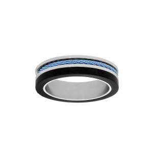 BAGUE ACIER ET PVD NOIR AVEC CABLE BLEU