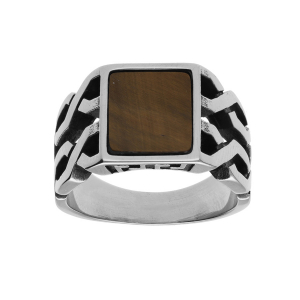BAGUE ACIER PLATEAU OEIL DE TIGRE IMITATION