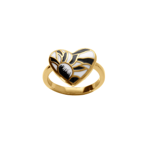 BAGUE ACIER DORÉ STELLA MIA FORME COEUR RÉSINE BLANC ET NOIR