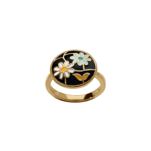 BAGUE ACIER DORÉ STELLA MIA RONDE RÉSINE NOIRE FLEUR