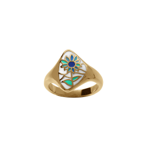 BAGUE ACIER DORÉ STELLA MIA RÉSINE BLANCHE ET FLEUR BLEU